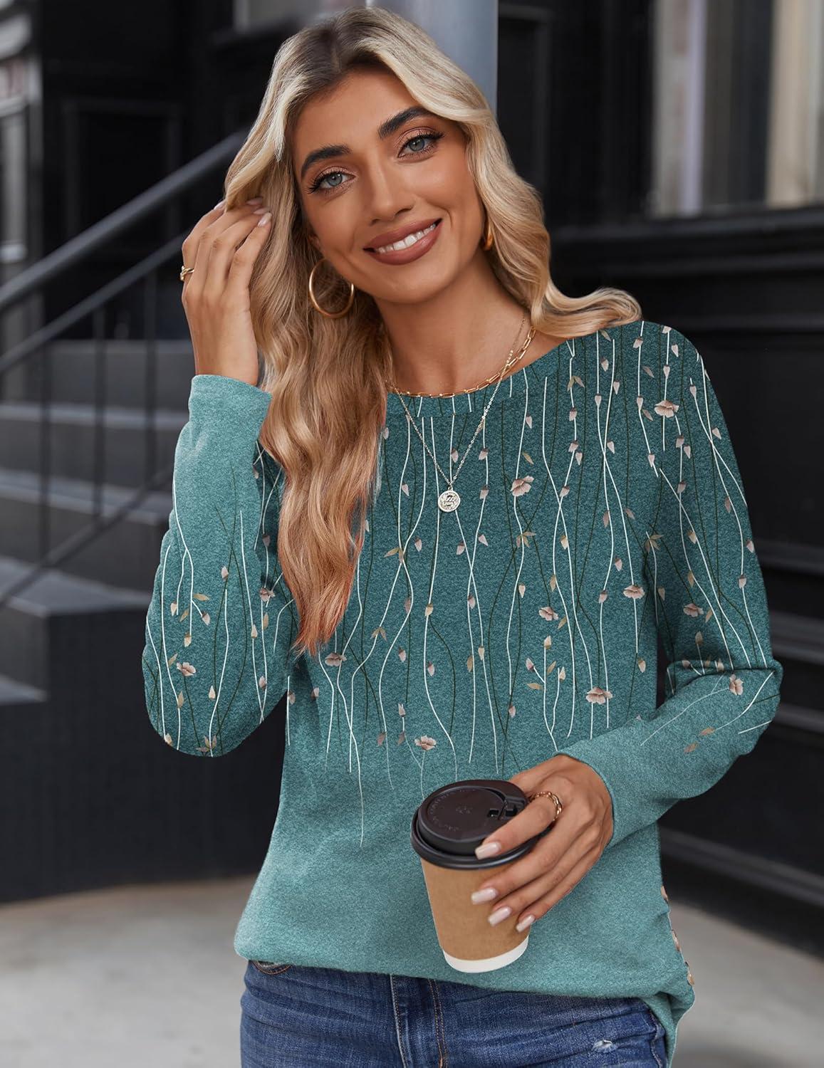imageZeagoo Womens Tops 2025 Long Sleeve Shirts for Fall Round Neck Blouses Floral Tunic Tops with Buttons DecorFloral363