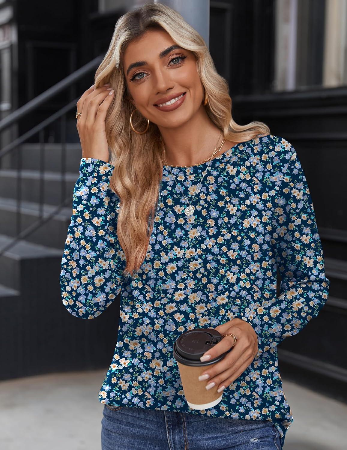 imageZeagoo Womens Tops 2025 Long Sleeve Shirts for Fall Round Neck Blouses Floral Tunic Tops with Buttons DecorFloral369