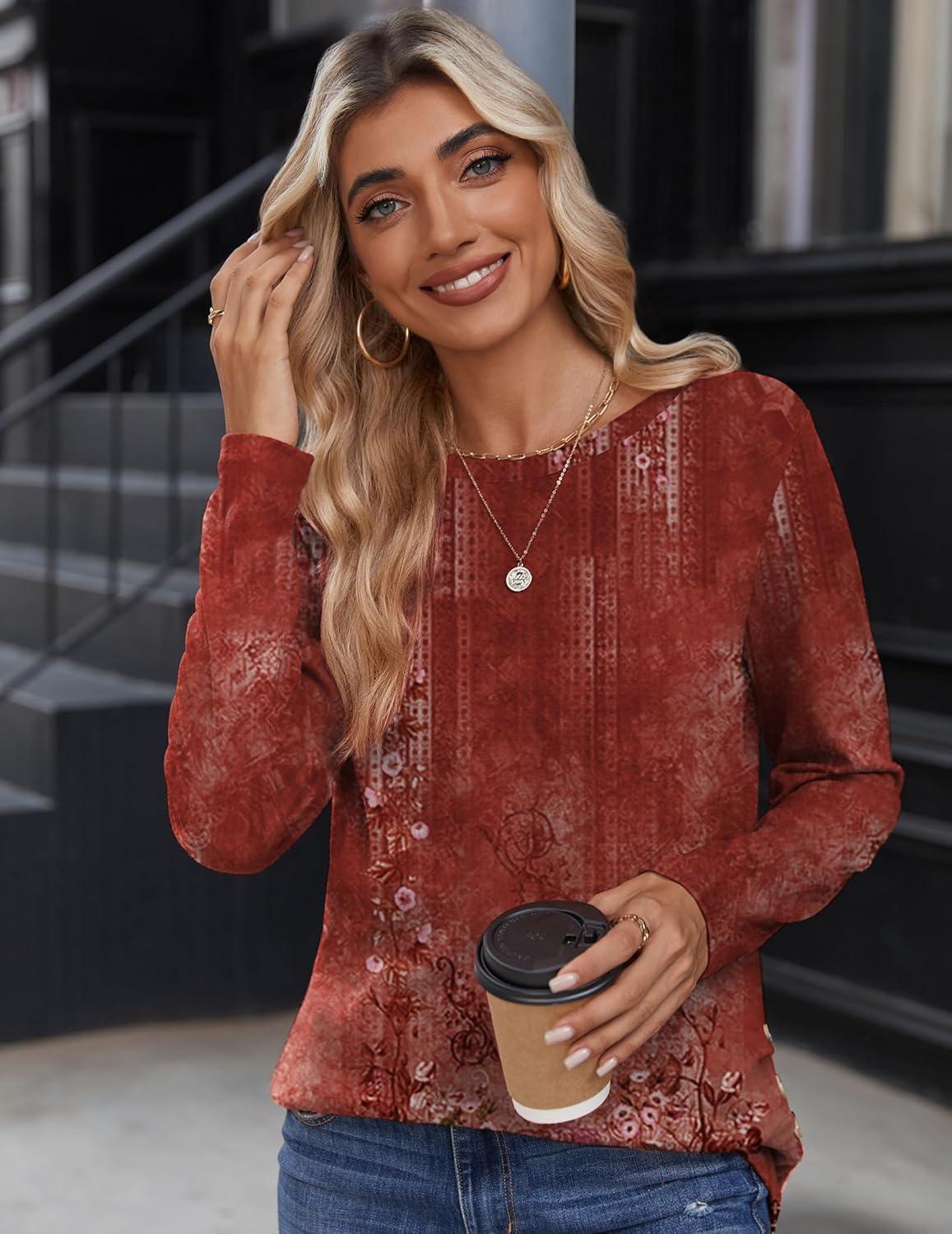 imageZeagoo Womens Tops 2025 Long Sleeve Shirts for Fall Round Neck Blouses Floral Tunic Tops with Buttons DecorFloral766