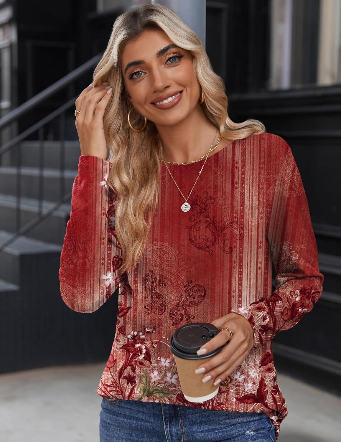 imageZeagoo Womens Tops 2025 Long Sleeve Shirts for Fall Round Neck Blouses Floral Tunic Tops with Buttons DecorFloral766