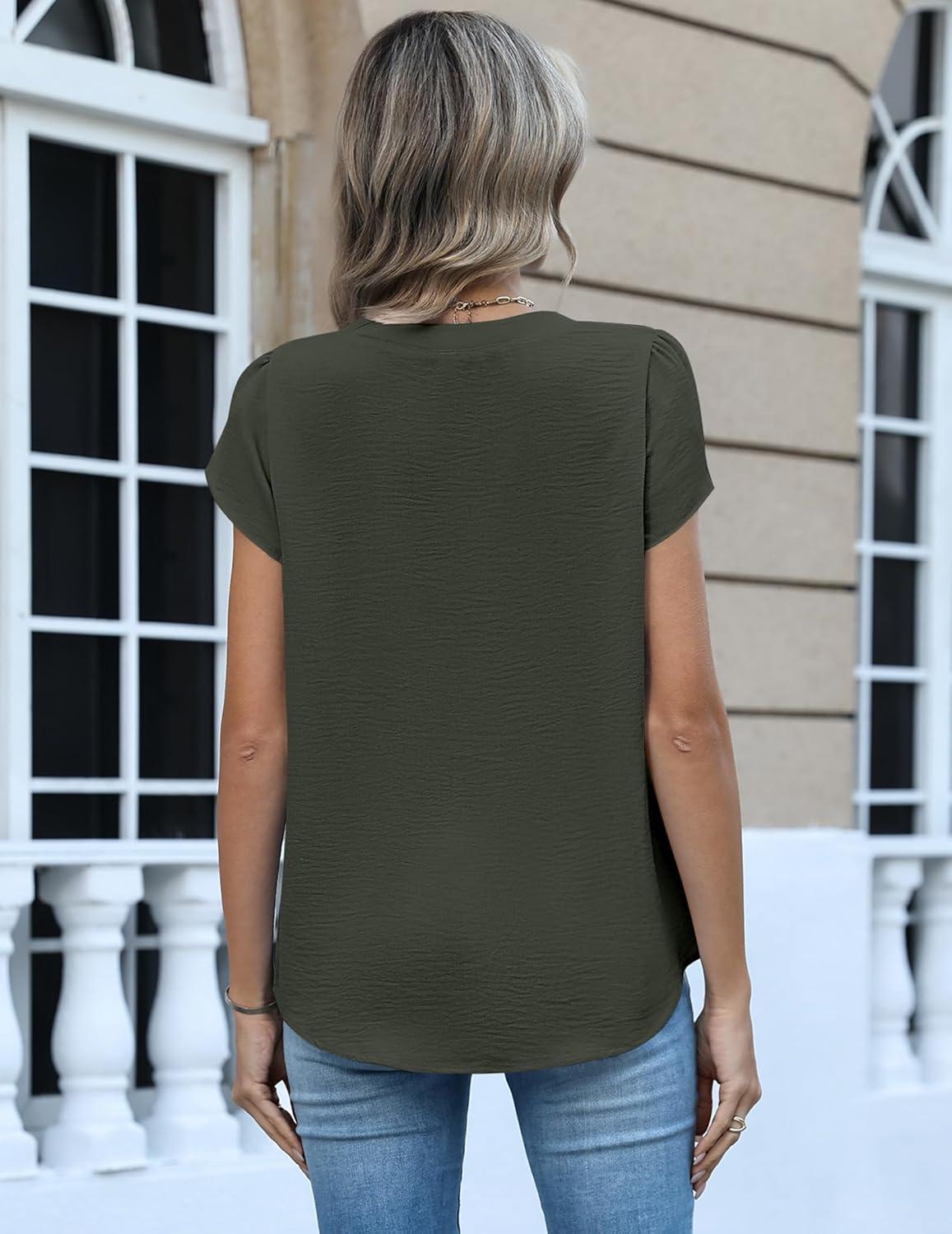 imageZeagoo Womens Tops Dressy Casual Textured Blouses Cap Short Sleeve Shirts V Neck Button Up Summer Spring Work Tshirt ClothesArmy Green