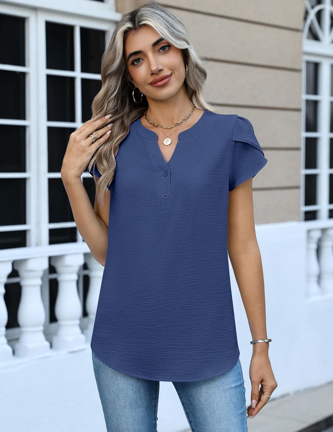 imageZeagoo Womens Tops Dressy Casual Textured Blouses Cap Short Sleeve Shirts V Neck Button Up Summer Spring Work Tshirt ClothesBlue
