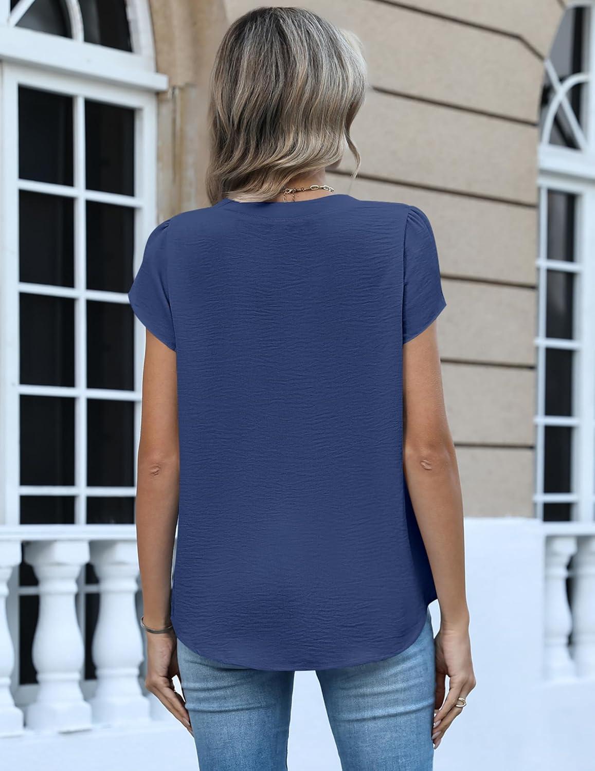 imageZeagoo Womens Tops Dressy Casual Textured Blouses Cap Short Sleeve Shirts V Neck Button Up Summer Spring Work Tshirt ClothesBlue