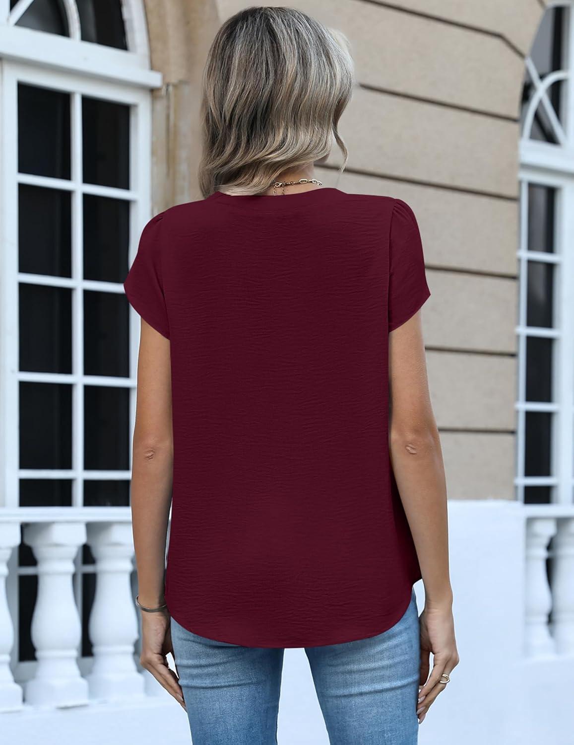 imageZeagoo Womens Tops Dressy Casual Textured Blouses Cap Short Sleeve Shirts V Neck Button Up Summer Spring Work Tshirt ClothesDark Red