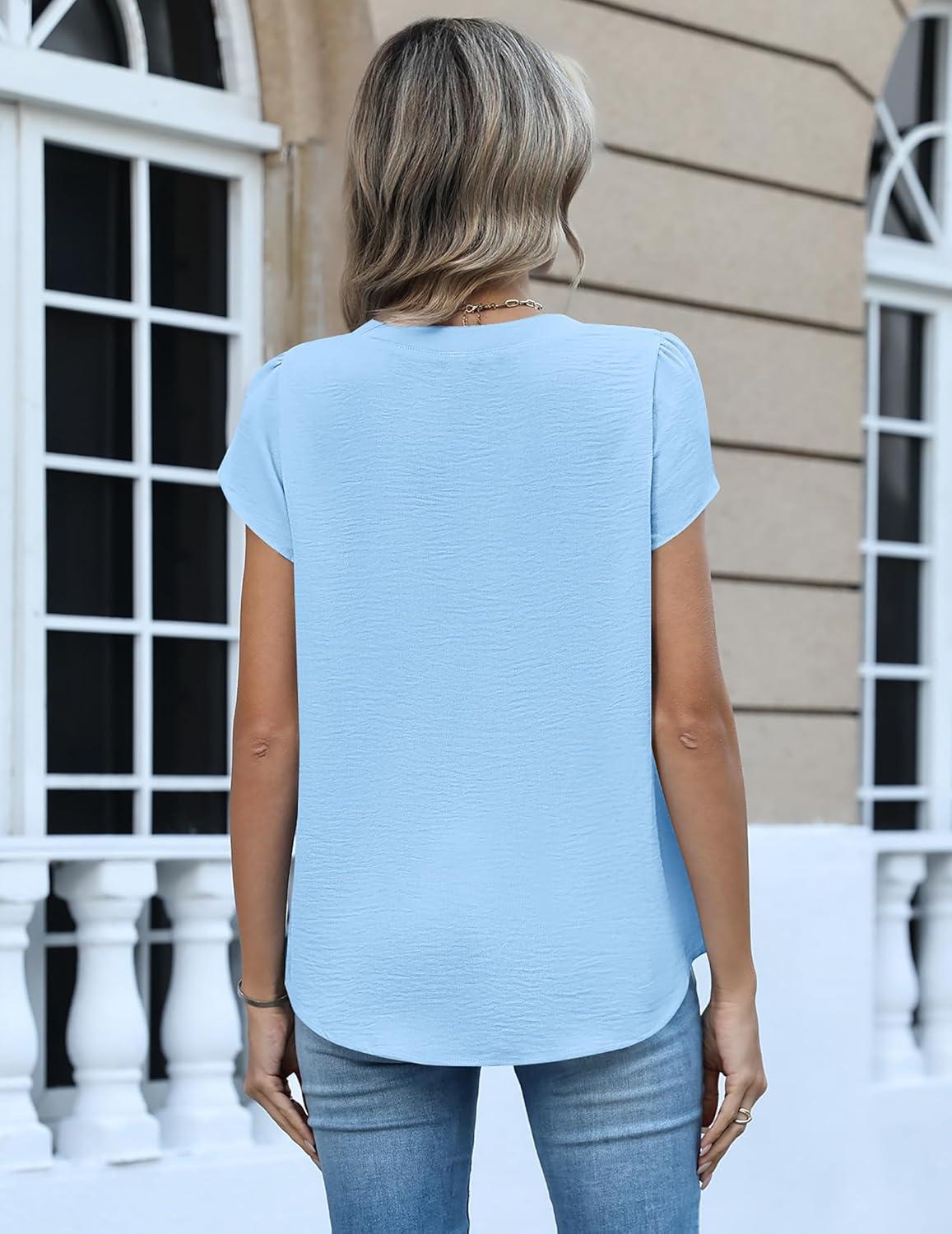 imageZeagoo Womens Tops Dressy Casual Textured Blouses Cap Short Sleeve Shirts V Neck Button Up Summer Spring Work Tshirt ClothesLight Blue