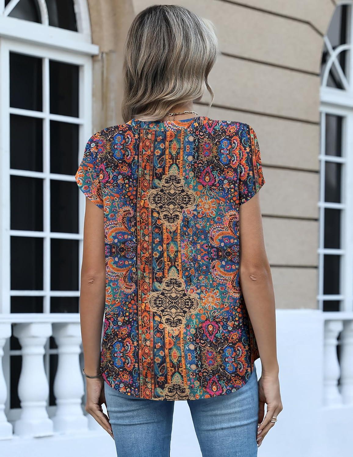 imageZeagoo Womens Tops Dressy Casual Textured Blouses Cap Short Sleeve Shirts V Neck Button Up Summer Spring Work Tshirt ClothesMulticolor 721