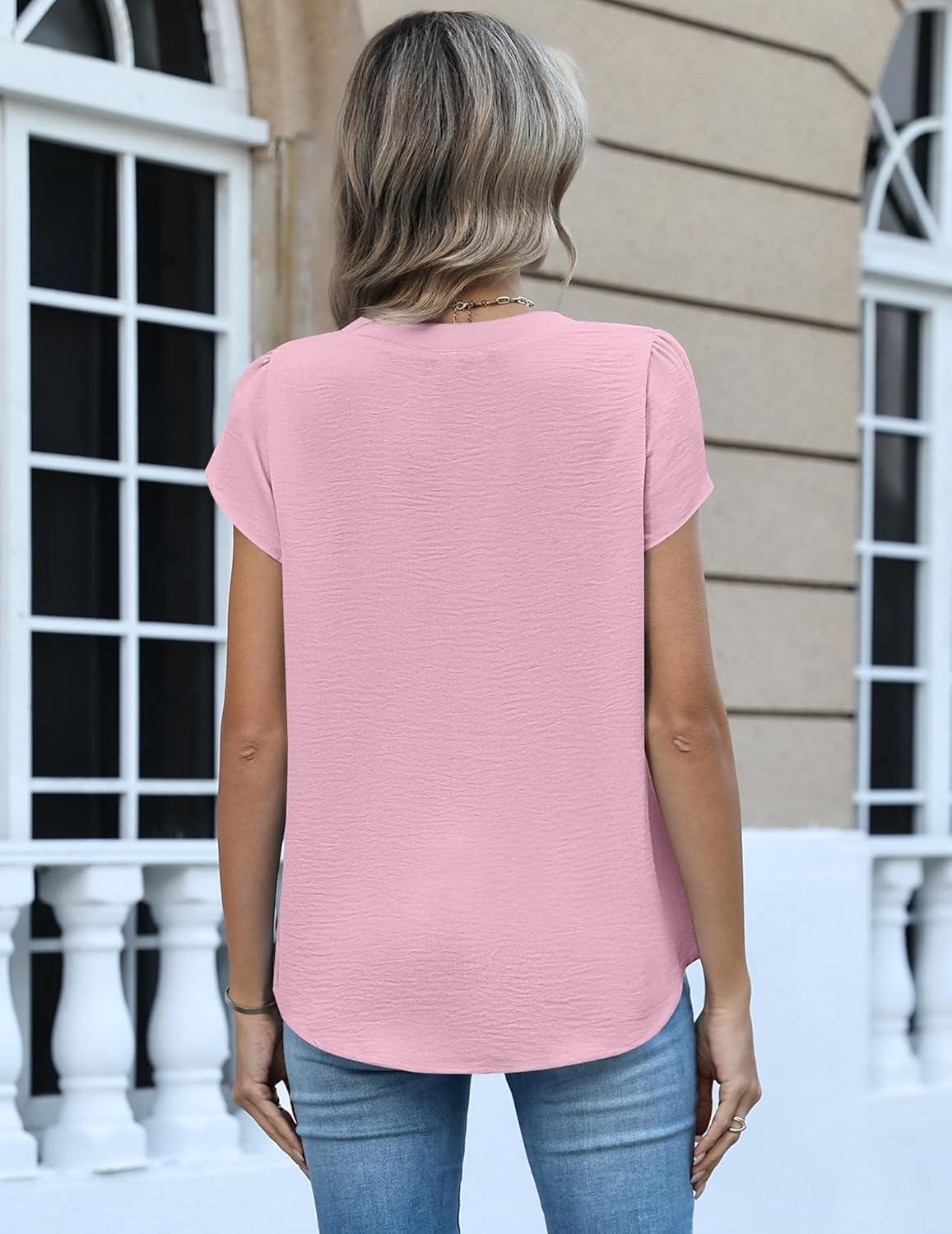 imageZeagoo Womens Tops Dressy Casual Textured Blouses Cap Short Sleeve Shirts V Neck Button Up Summer Spring Work Tshirt ClothesPink