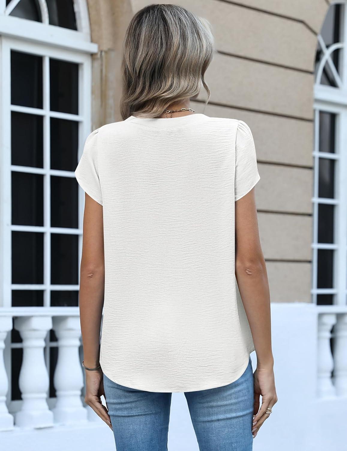 imageZeagoo Womens Tops Dressy Casual Textured Blouses Cap Short Sleeve Shirts V Neck Button Up Summer Spring Work Tshirt ClothesWhite