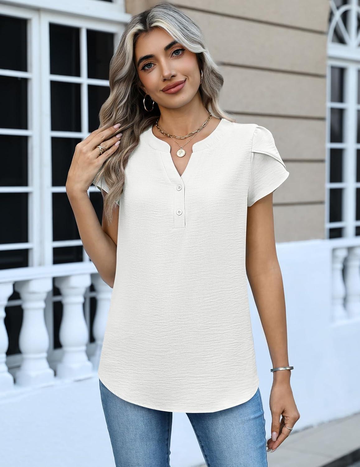 imageZeagoo Womens Tops Dressy Casual Textured Blouses Cap Short Sleeve Shirts V Neck Button Up Summer Spring Work Tshirt ClothesWhite