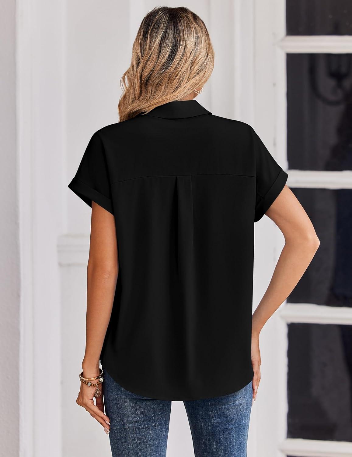 imageZeagoo Womens Tops Short Sleeve Shirts Button Down Casual Blouses V Neck Outfits Summer Spring Clothes 2026Black