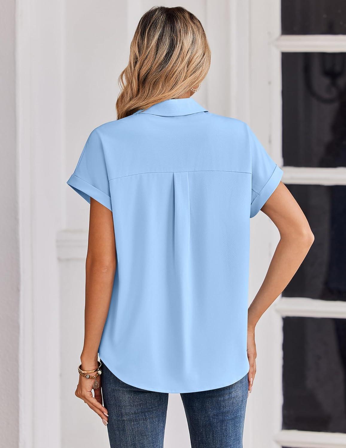 imageZeagoo Womens Tops Short Sleeve Shirts Button Down Casual Blouses V Neck Outfits Summer Spring Clothes 2026Blue