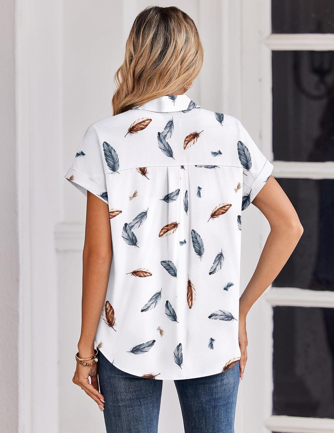 imageZeagoo Womens Tops Short Sleeve Shirts Button Down Casual Blouses V Neck Outfits Summer Spring Clothes 2026Feathers White