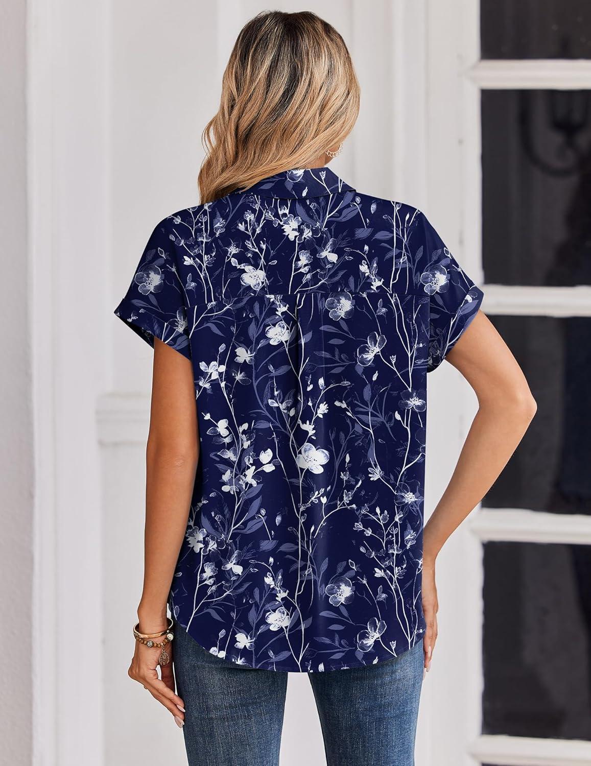 imageZeagoo Womens Tops Short Sleeve Shirts Button Down Casual Blouses V Neck Outfits Summer Spring Clothes 2026Floral Navy