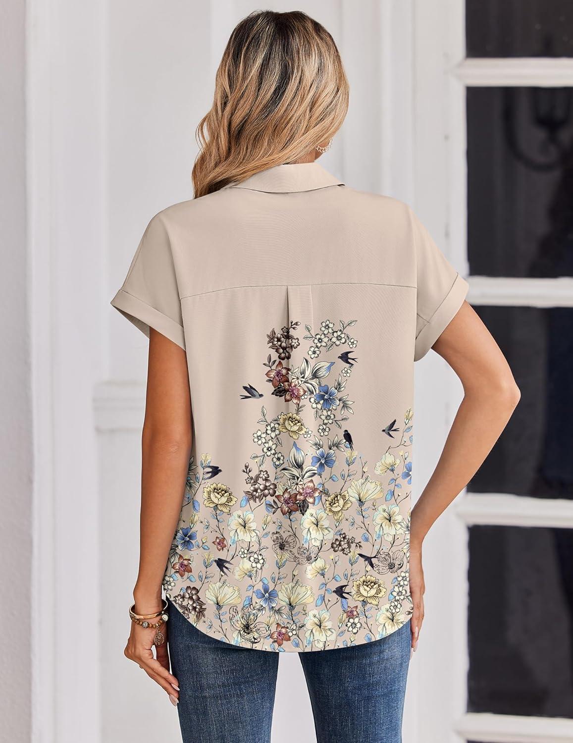 imageZeagoo Womens Tops Short Sleeve Shirts Button Down Casual Blouses V Neck Outfits Summer Spring Clothes 2026Flower Beige