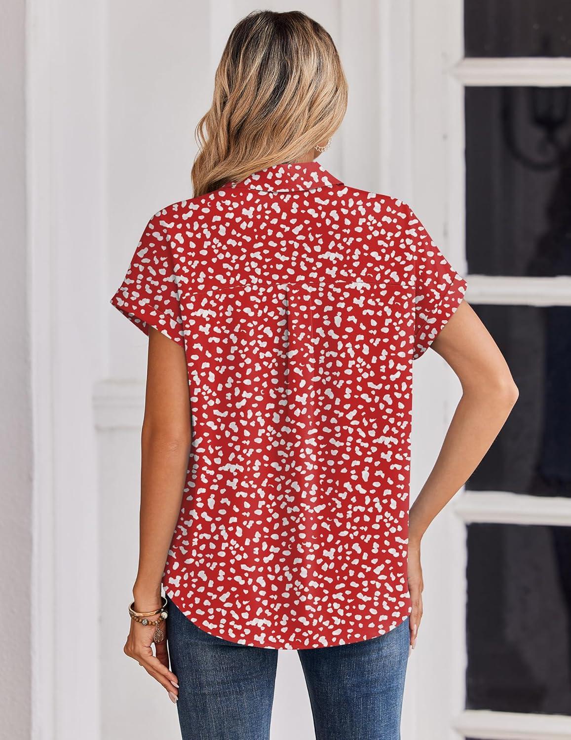 imageZeagoo Womens Tops Short Sleeve Shirts Button Down Casual Blouses V Neck Outfits Summer Spring Clothes 2026Polka Dot White