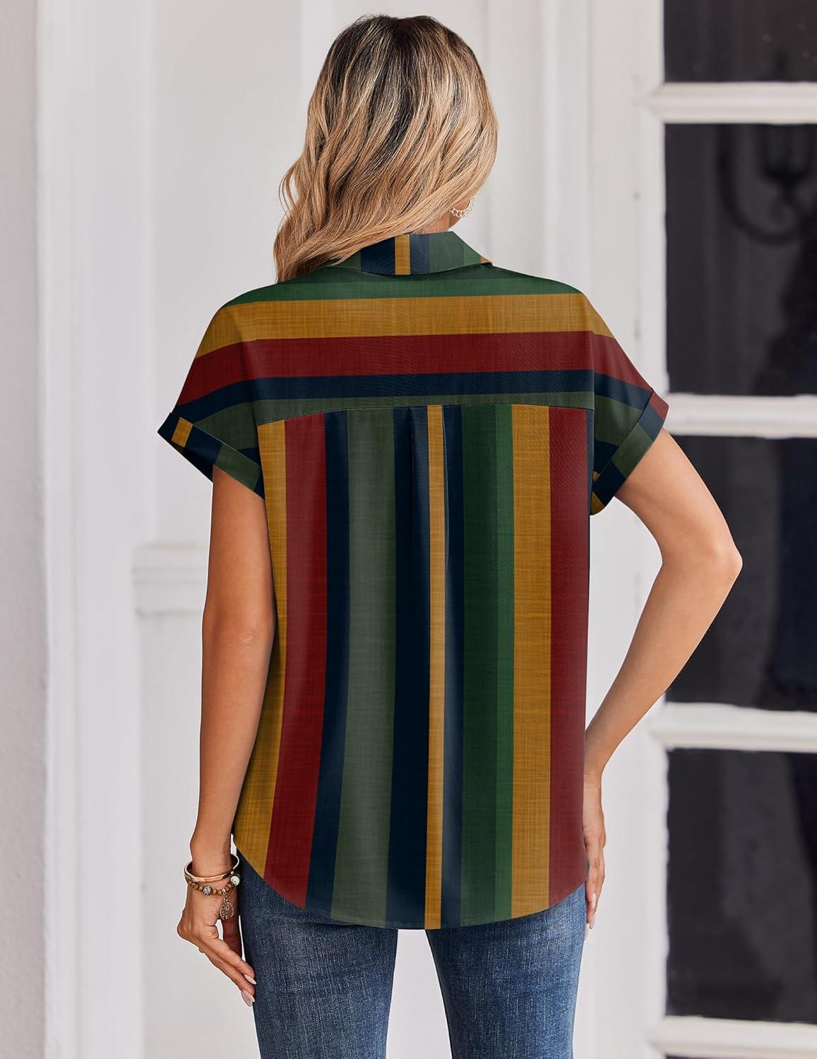 imageZeagoo Womens Tops Short Sleeve Shirts Button Down Casual Blouses V Neck Outfits Summer Spring Clothes 2026Stripe2