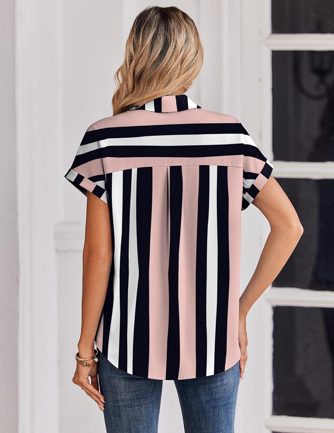 imageZeagoo Womens Tops Short Sleeve Shirts Button Down Casual Blouses V Neck Outfits Summer Spring Clothes 2026Stripe3