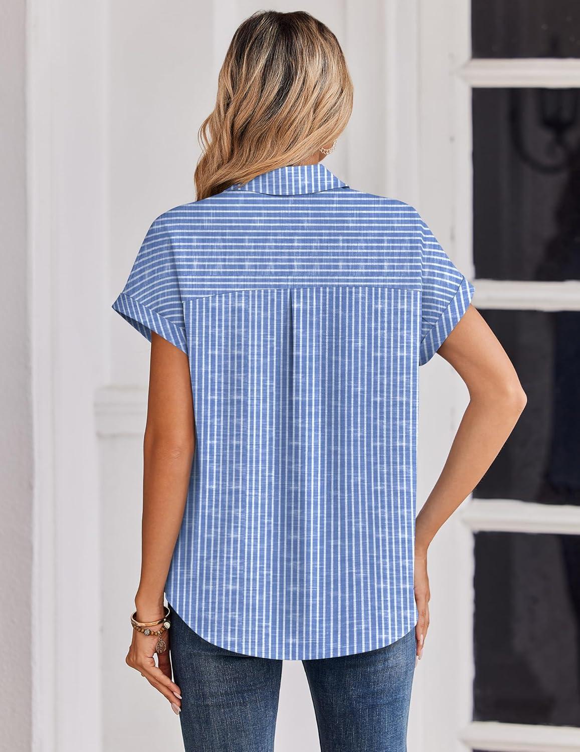imageZeagoo Womens Tops Short Sleeve Shirts Button Down Casual Blouses V Neck Outfits Summer Spring Clothes 2026Stripe4