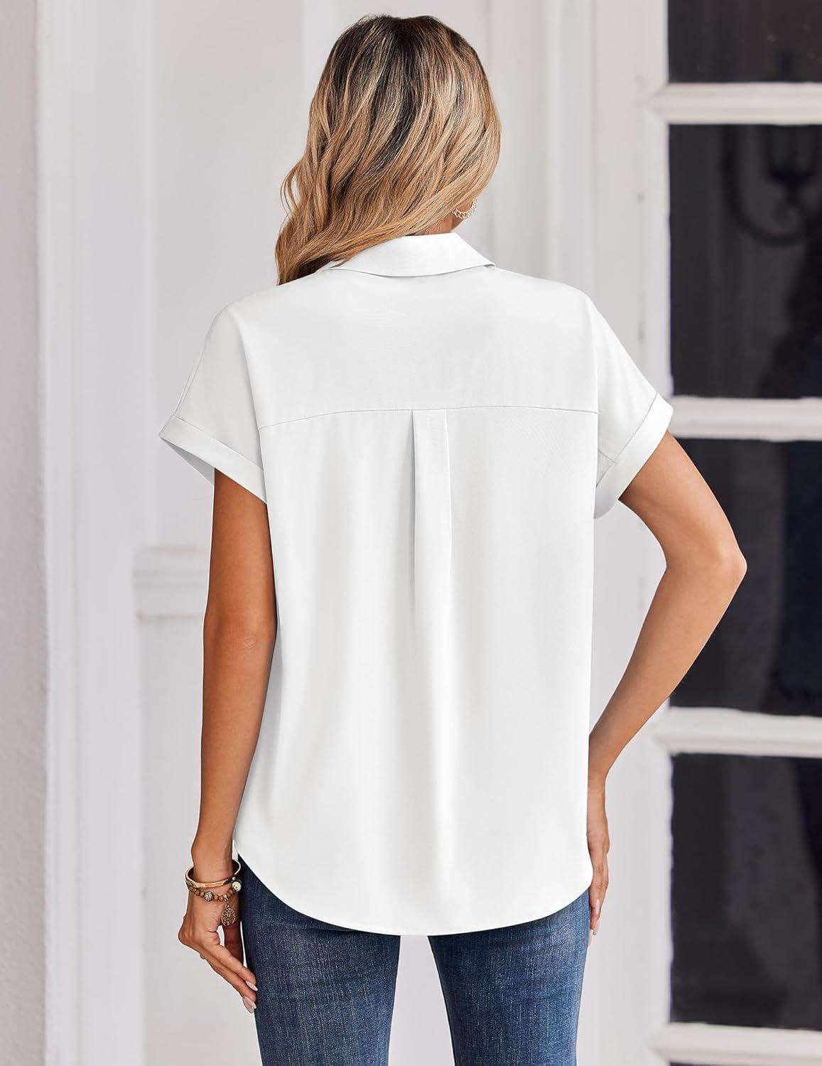 imageZeagoo Womens Tops Short Sleeve Shirts Button Down Casual Blouses V Neck Outfits Summer Spring Clothes 2026White