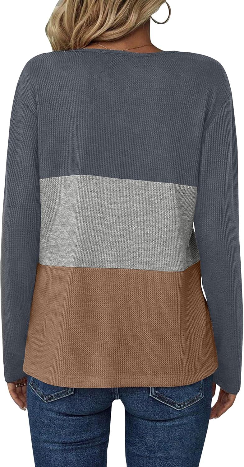 imageZeagoo Womens Waffle Shirts V Neck Long Sleeve Tops Color Block TShirts Casual Pullover Tunics 2025 Fashion Basic TeesAcharcoalGrayBrown