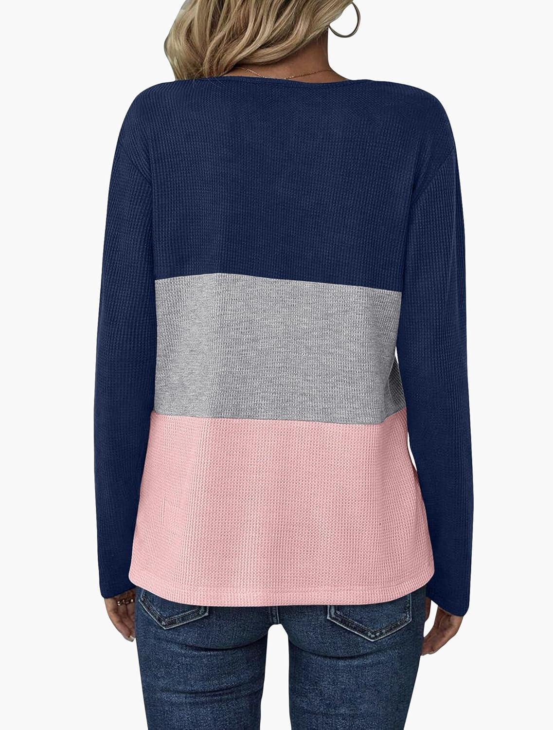 imageZeagoo Womens Waffle Shirts V Neck Long Sleeve Tops Color Block TShirts Casual Pullover Tunics 2025 Fashion Basic TeesAnavy BlueGrayPink