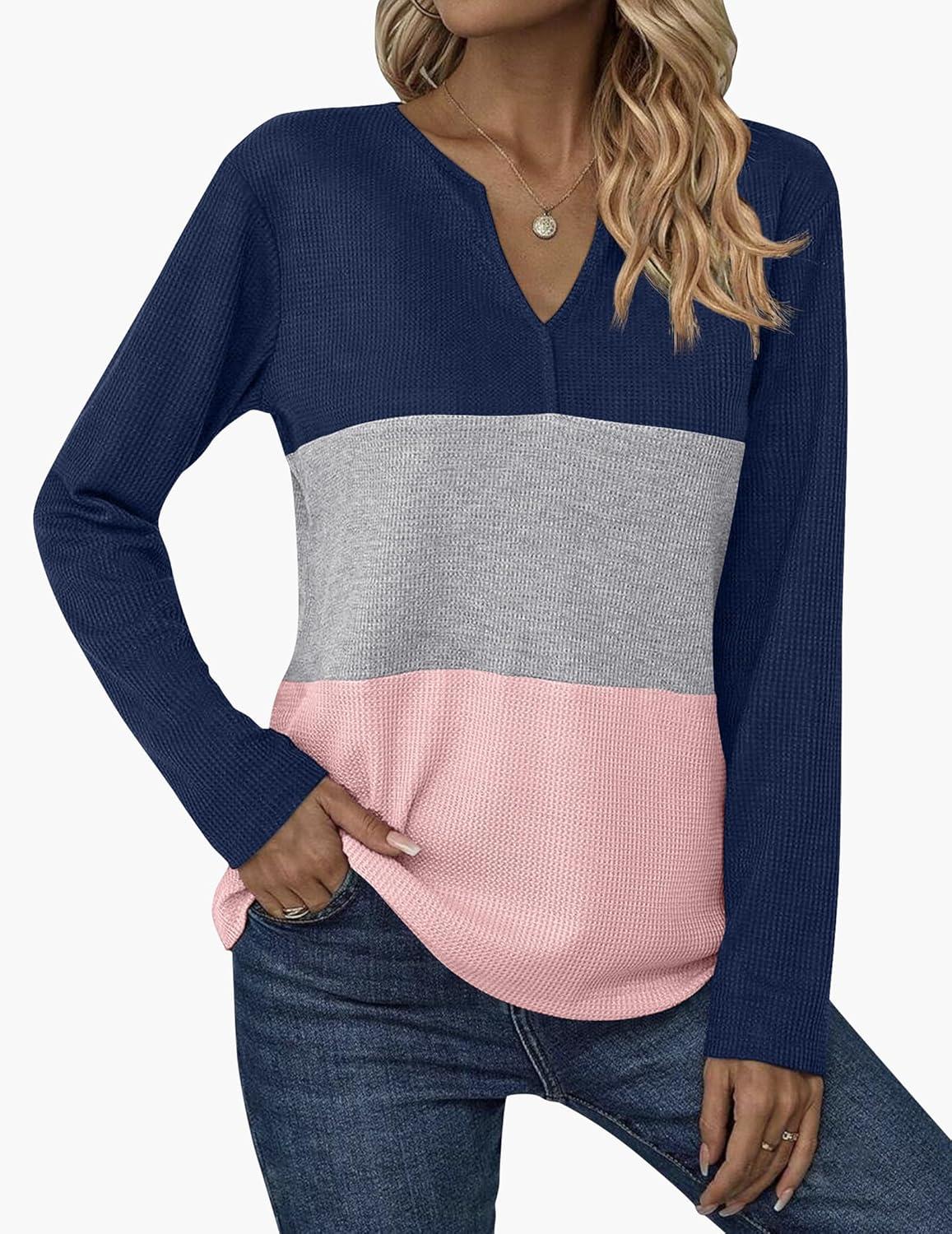 imageZeagoo Womens Waffle Shirts V Neck Long Sleeve Tops Color Block TShirts Casual Pullover Tunics 2025 Fashion Basic TeesAnavy BlueGrayPink
