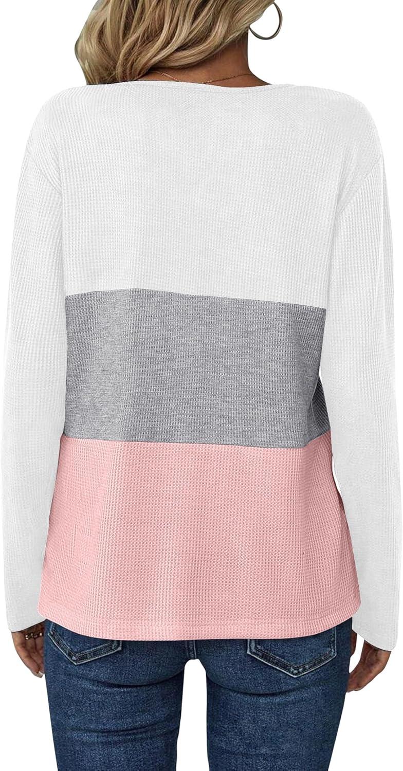 imageZeagoo Womens Waffle Shirts V Neck Long Sleeve Tops Color Block TShirts Casual Pullover Tunics 2025 Fashion Basic TeesAwhiteGrayPink