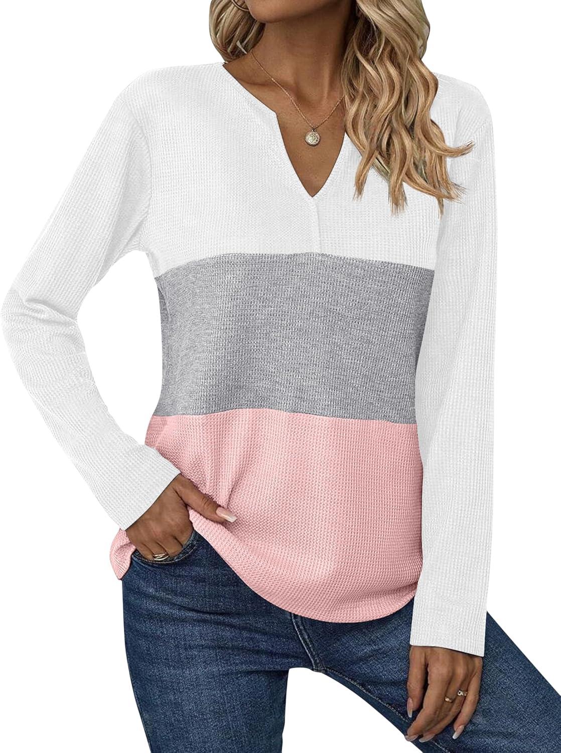imageZeagoo Womens Waffle Shirts V Neck Long Sleeve Tops Color Block TShirts Casual Pullover Tunics 2025 Fashion Basic TeesAwhiteGrayPink