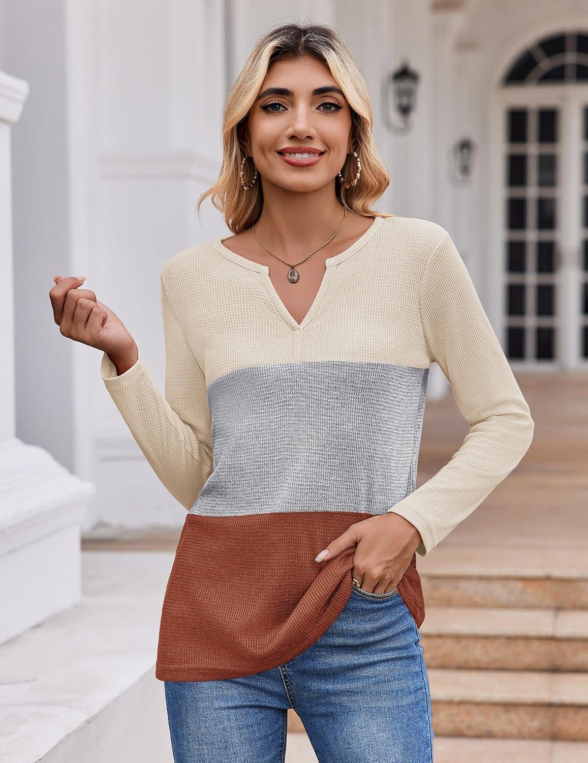 imageZeagoo Womens Waffle Shirts V Neck Long Sleeve Tops Color Block TShirts Casual Pullover Tunics 2025 Fashion Basic TeesBeigeGrayTerracotta