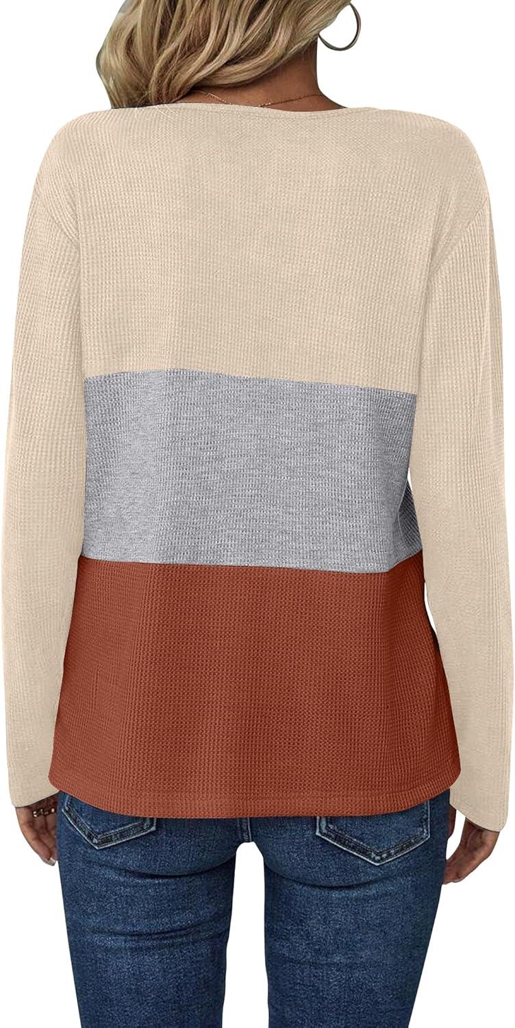 imageZeagoo Womens Waffle Shirts V Neck Long Sleeve Tops Color Block TShirts Casual Pullover Tunics 2025 Fashion Basic TeesBeigeGrayTerracotta