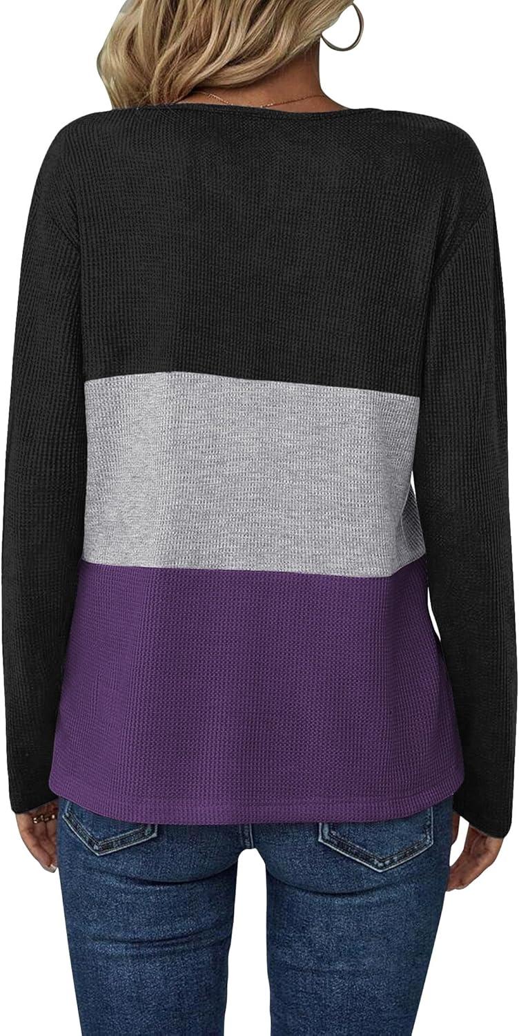 imageZeagoo Womens Waffle Shirts V Neck Long Sleeve Tops Color Block TShirts Casual Pullover Tunics 2025 Fashion Basic TeesBlackGrayPurple