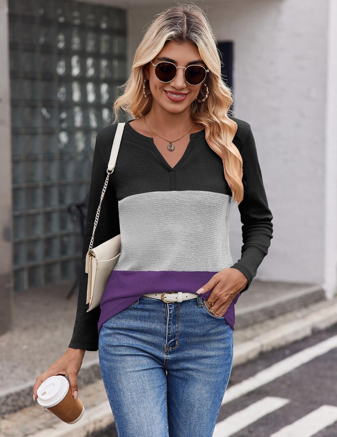 imageZeagoo Womens Waffle Shirts V Neck Long Sleeve Tops Color Block TShirts Casual Pullover Tunics 2025 Fashion Basic TeesBlackGrayPurple