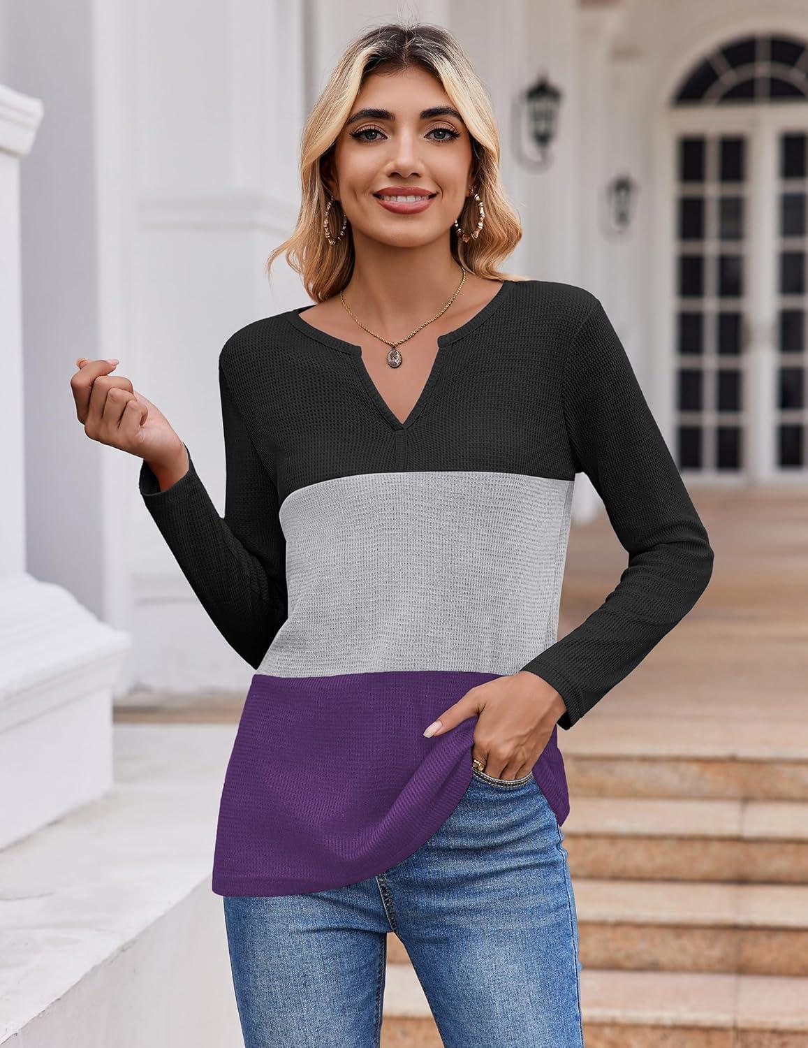 imageZeagoo Womens Waffle Shirts V Neck Long Sleeve Tops Color Block TShirts Casual Pullover Tunics 2025 Fashion Basic TeesBlackGrayPurple