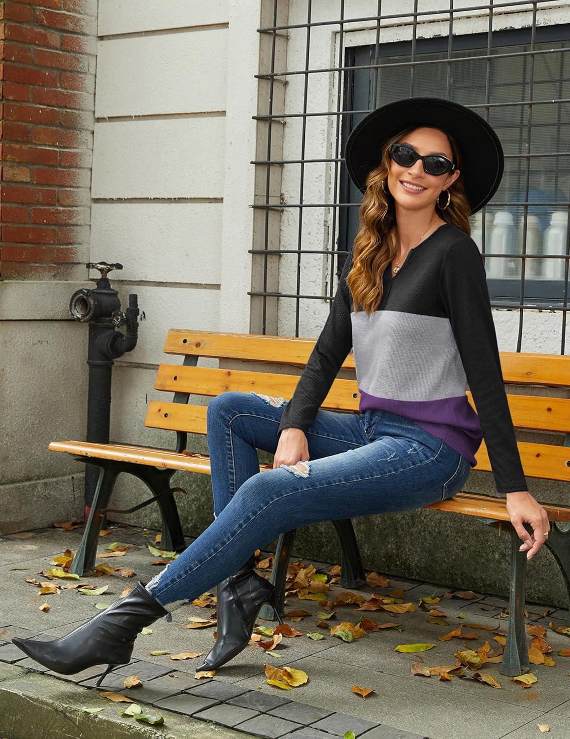 imageZeagoo Womens Waffle Shirts V Neck Long Sleeve Tops Color Block TShirts Casual Pullover Tunics 2025 Fashion Basic TeesBlackGrayPurple