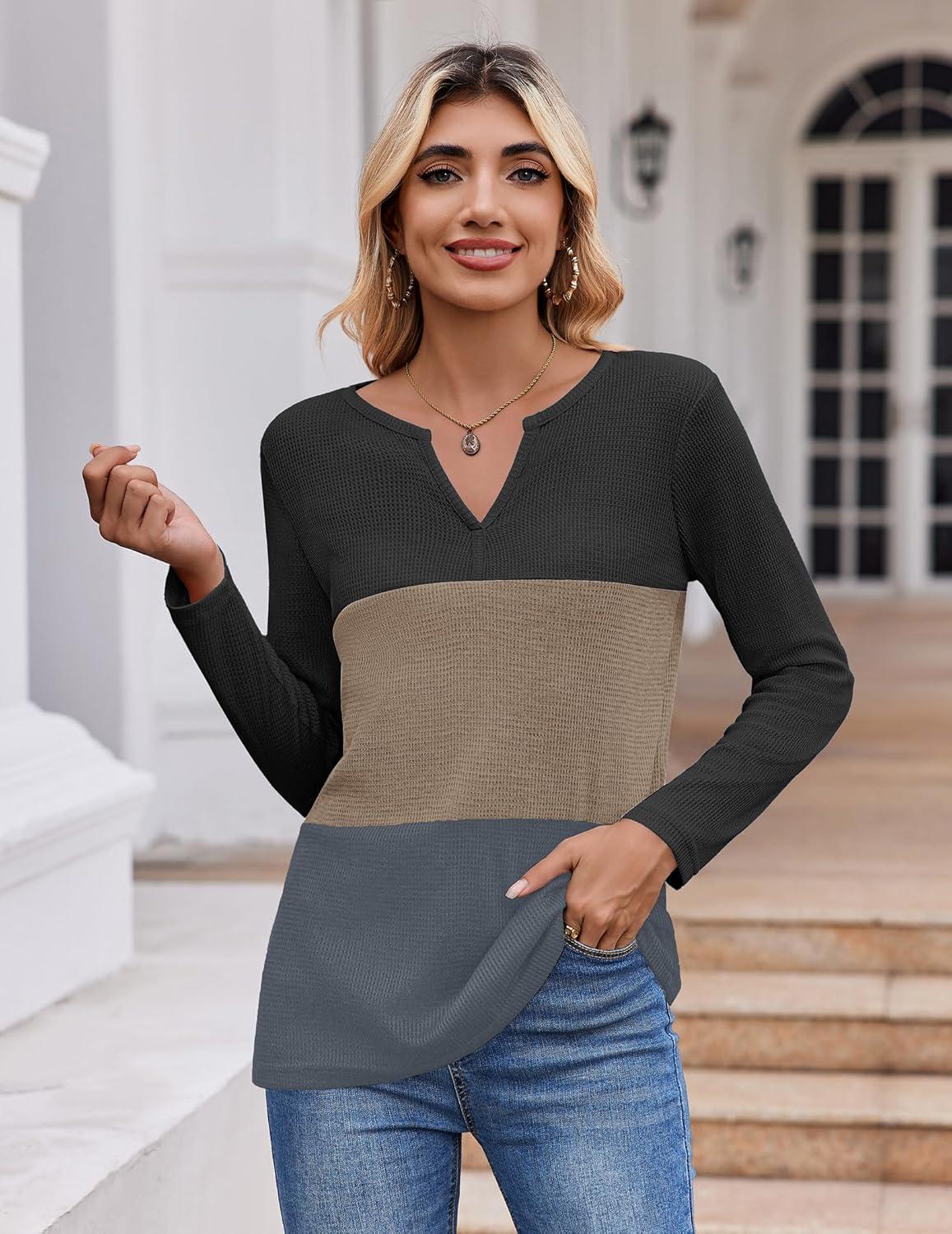 imageZeagoo Womens Waffle Shirts V Neck Long Sleeve Tops Color Block TShirts Casual Pullover Tunics 2025 Fashion Basic TeesBlackKhakiDeep Gray
