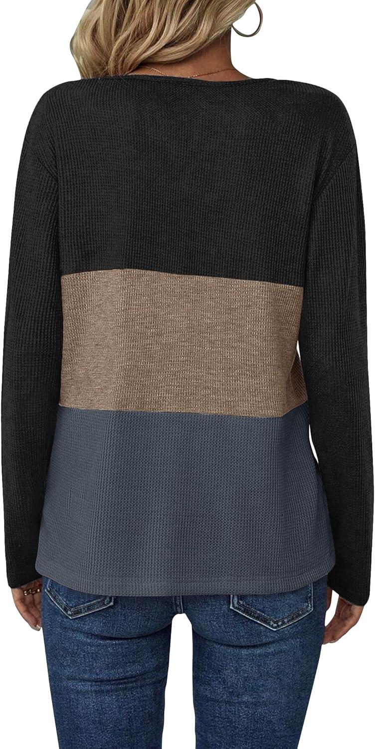 imageZeagoo Womens Waffle Shirts V Neck Long Sleeve Tops Color Block TShirts Casual Pullover Tunics 2025 Fashion Basic TeesBlackKhakiDeep Gray