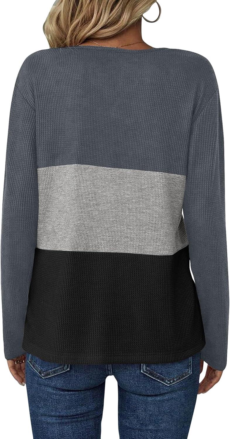 imageZeagoo Womens Waffle Shirts V Neck Long Sleeve Tops Color Block TShirts Casual Pullover Tunics 2025 Fashion Basic TeesCharcoalGrayBlack