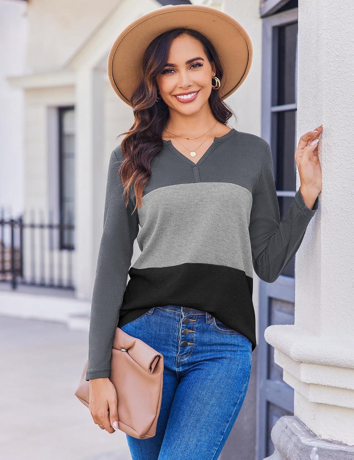 imageZeagoo Womens Waffle Shirts V Neck Long Sleeve Tops Color Block TShirts Casual Pullover Tunics 2025 Fashion Basic TeesCharcoalGrayBlack