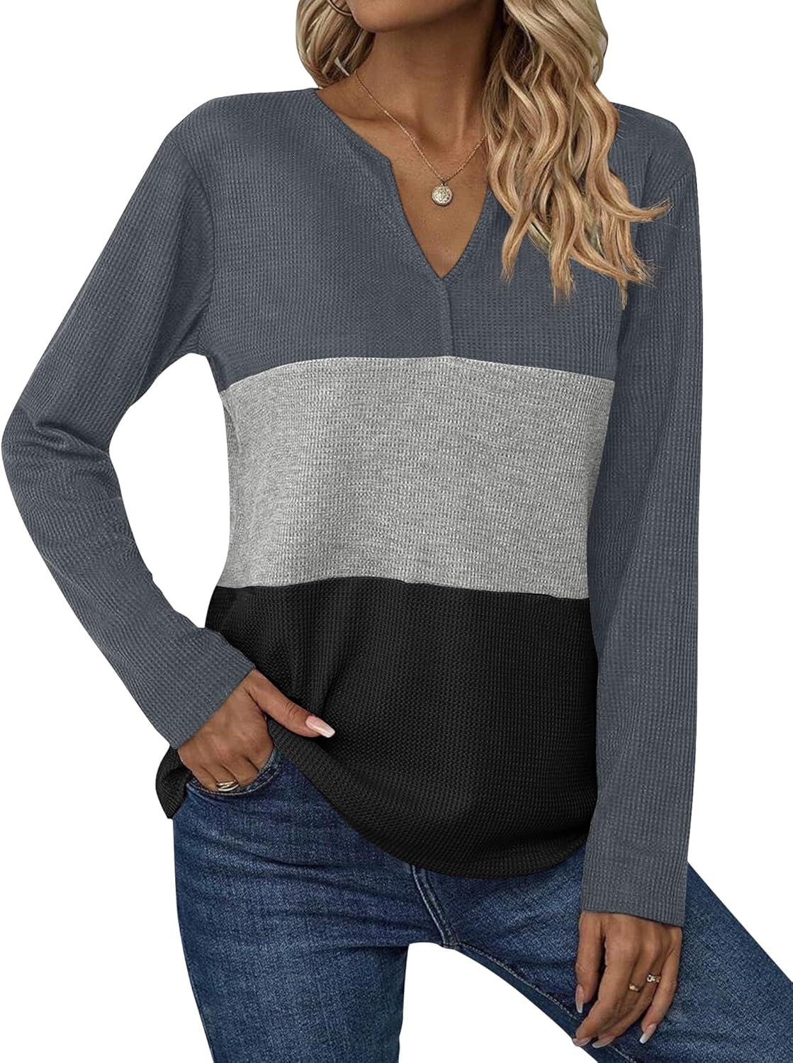 imageZeagoo Womens Waffle Shirts V Neck Long Sleeve Tops Color Block TShirts Casual Pullover Tunics 2025 Fashion Basic TeesCharcoalGrayBlack