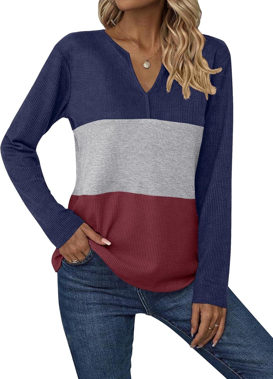 imageZeagoo Womens Waffle Shirts V Neck Long Sleeve Tops Color Block TShirts Casual Pullover Tunics 2025 Fashion Basic TeesNavy BlueGrayBurgundy