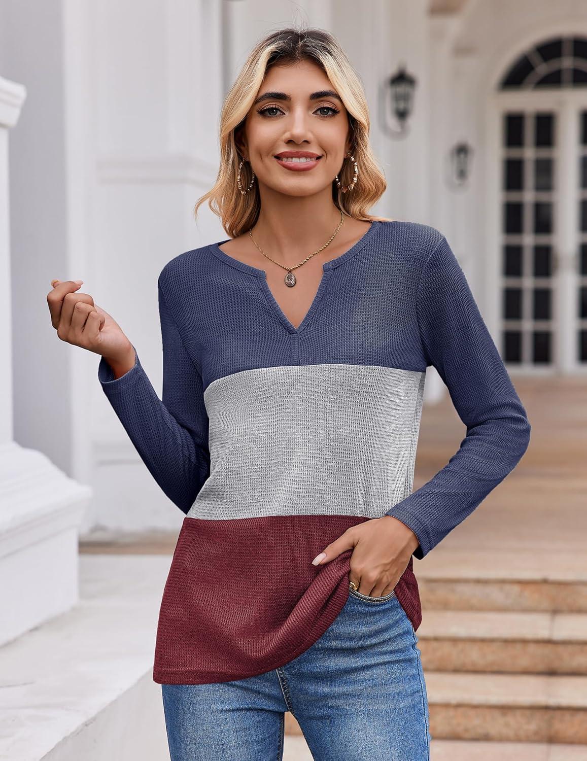 imageZeagoo Womens Waffle Shirts V Neck Long Sleeve Tops Color Block TShirts Casual Pullover Tunics 2025 Fashion Basic TeesNavy BlueGrayBurgundy