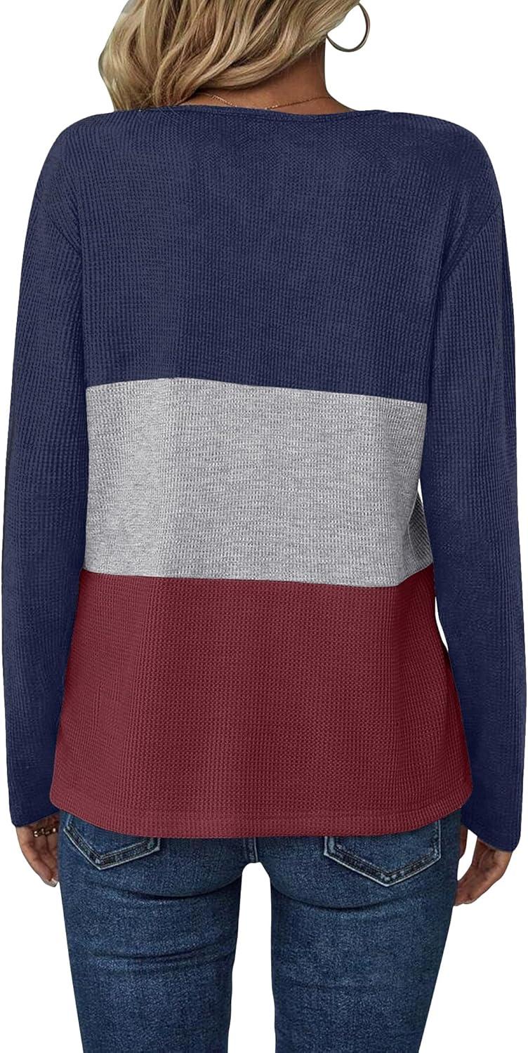 imageZeagoo Womens Waffle Shirts V Neck Long Sleeve Tops Color Block TShirts Casual Pullover Tunics 2025 Fashion Basic TeesNavy BlueGrayBurgundy