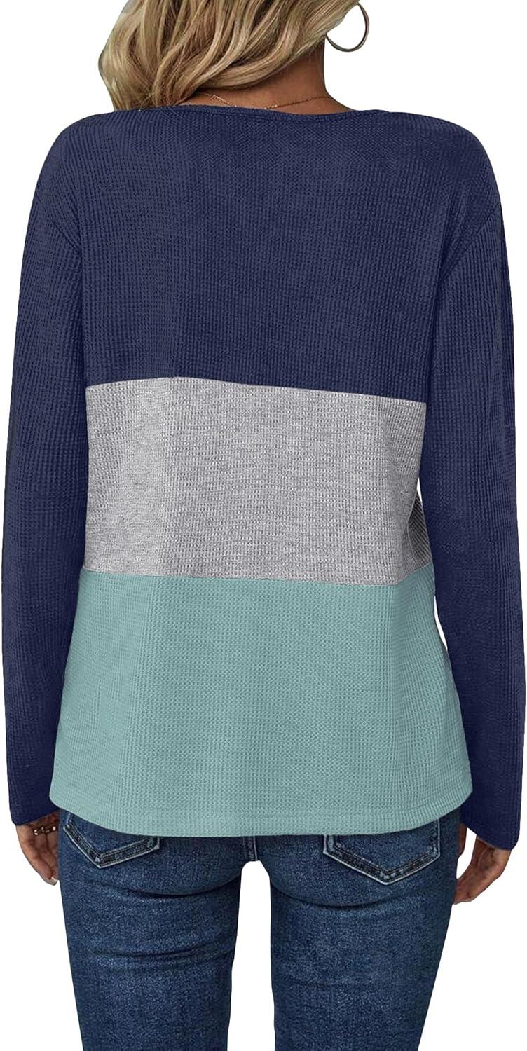 imageZeagoo Womens Waffle Shirts V Neck Long Sleeve Tops Color Block TShirts Casual Pullover Tunics 2025 Fashion Basic TeesNavy BlueGrayGreen