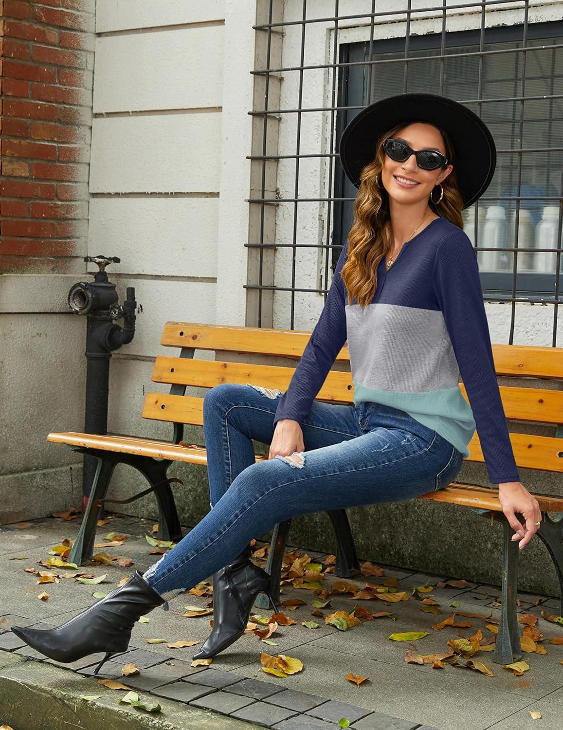 imageZeagoo Womens Waffle Shirts V Neck Long Sleeve Tops Color Block TShirts Casual Pullover Tunics 2025 Fashion Basic TeesNavy BlueGrayGreen