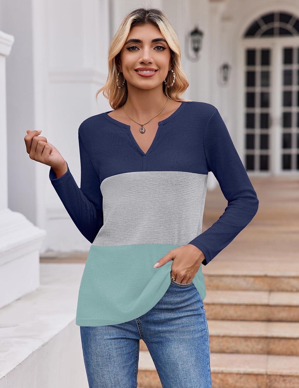 imageZeagoo Womens Waffle Shirts V Neck Long Sleeve Tops Color Block TShirts Casual Pullover Tunics 2025 Fashion Basic TeesNavy BlueGrayGreen