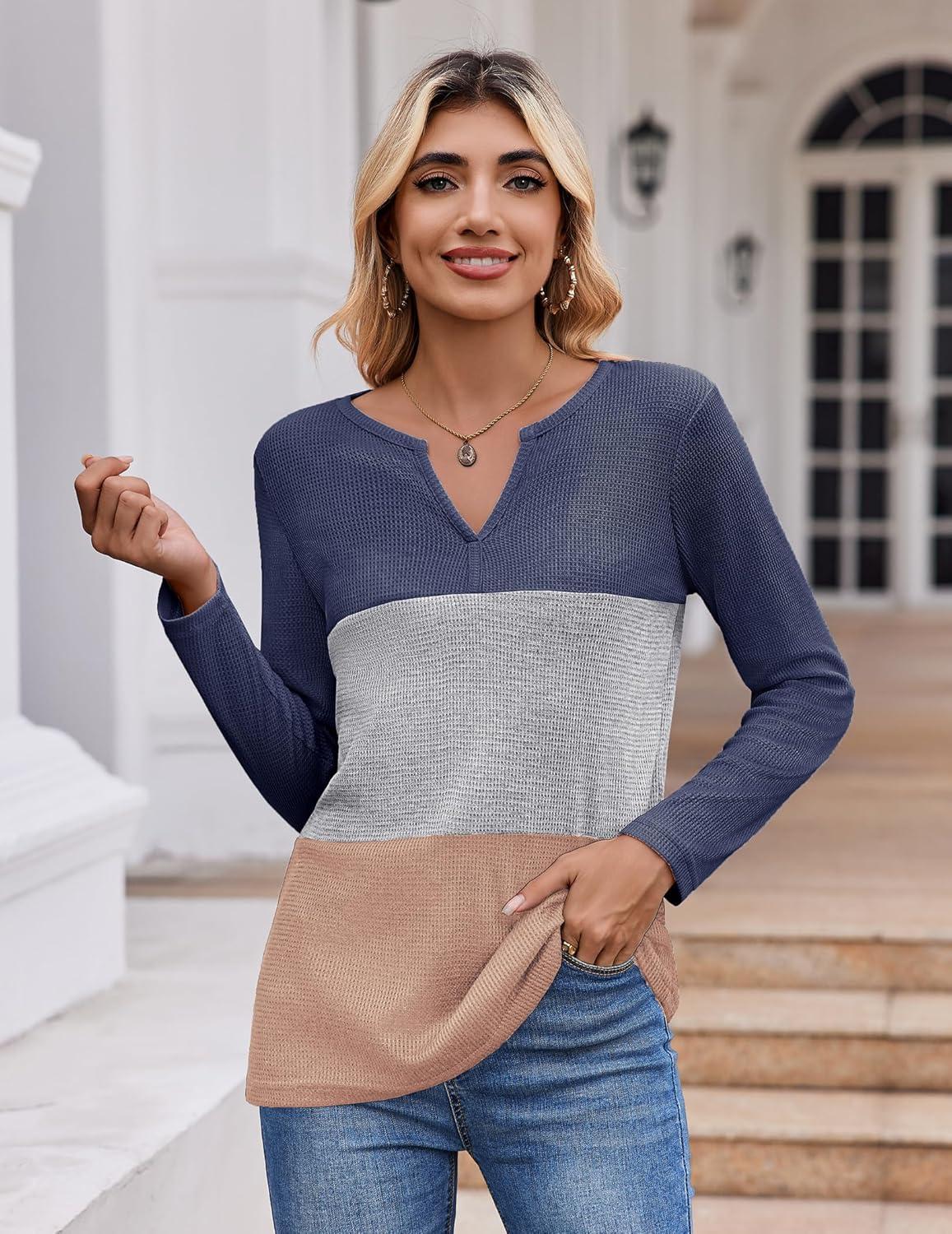 imageZeagoo Womens Waffle Shirts V Neck Long Sleeve Tops Color Block TShirts Casual Pullover Tunics 2025 Fashion Basic TeesNavy BlueGrayLight Brown