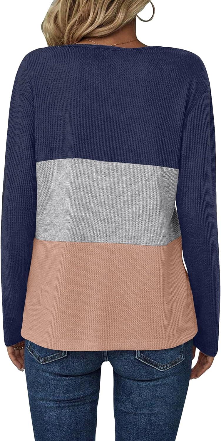 imageZeagoo Womens Waffle Shirts V Neck Long Sleeve Tops Color Block TShirts Casual Pullover Tunics 2025 Fashion Basic TeesNavy BlueGrayLight Brown