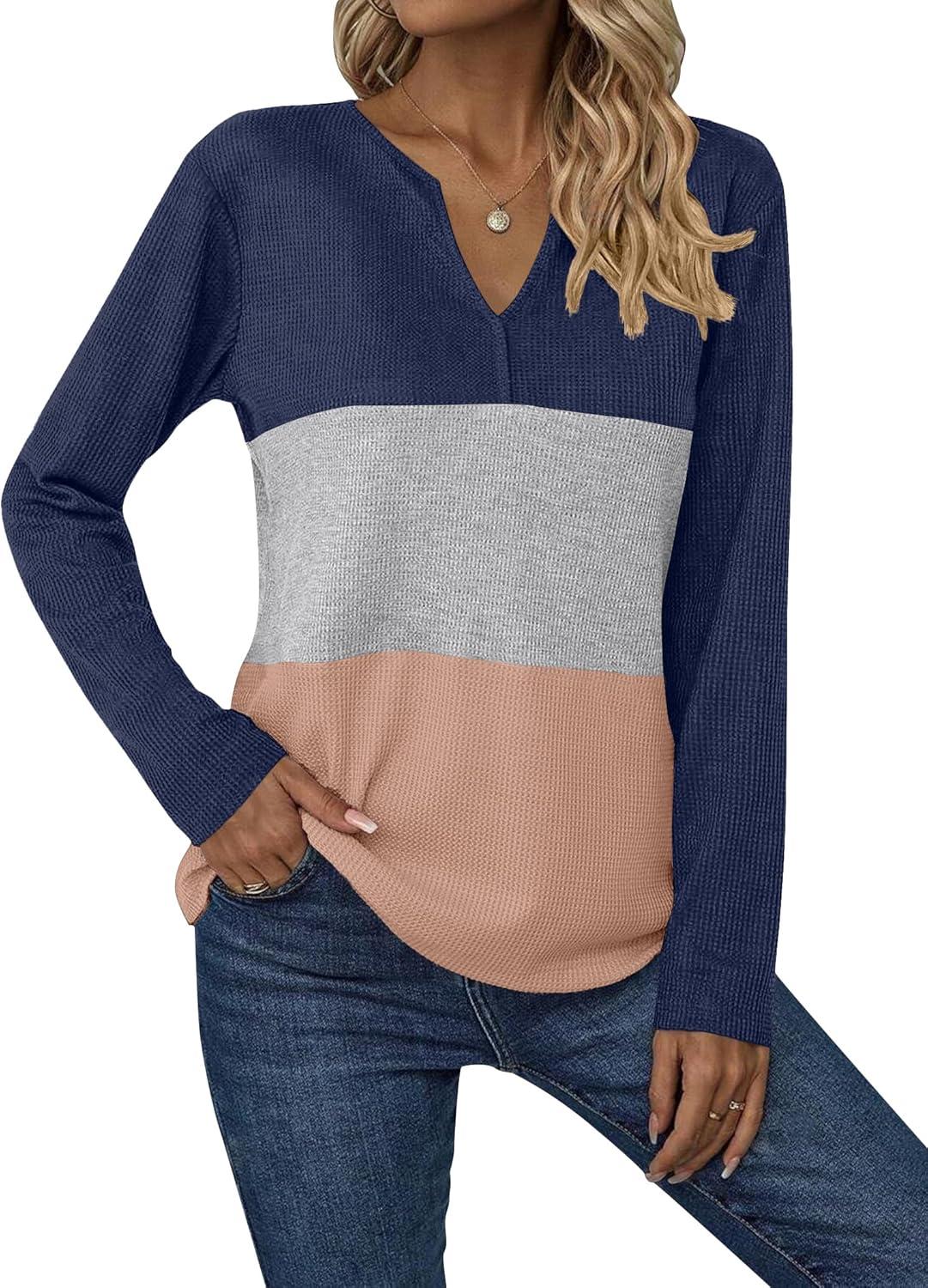 imageZeagoo Womens Waffle Shirts V Neck Long Sleeve Tops Color Block TShirts Casual Pullover Tunics 2025 Fashion Basic TeesNavy BlueGrayLight Brown