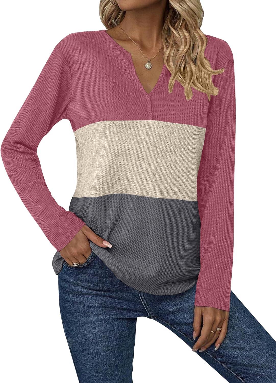 imageZeagoo Womens Waffle Shirts V Neck Long Sleeve Tops Color Block TShirts Casual Pullover Tunics 2025 Fashion Basic TeesPink PurpleBeigeDark Gray