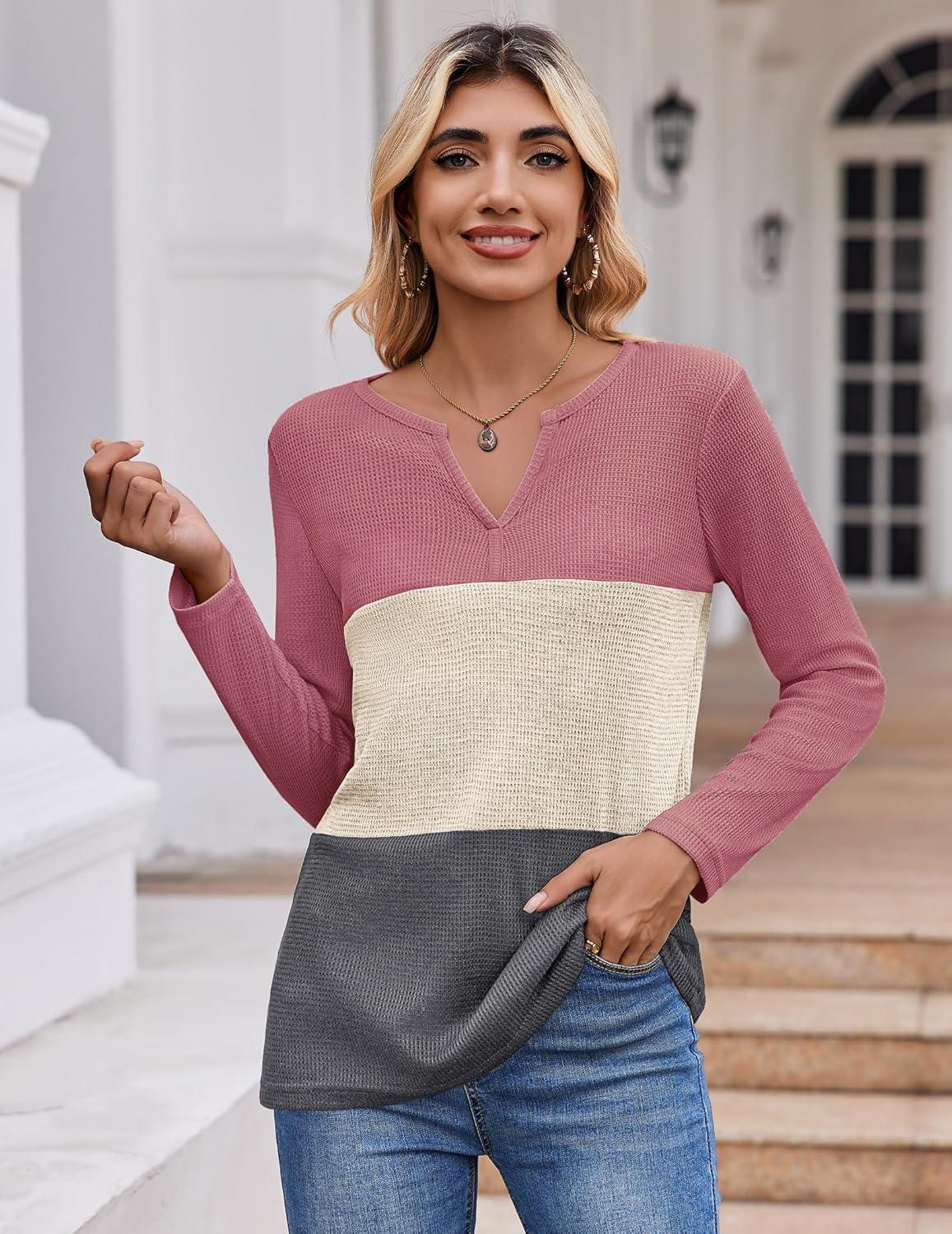 imageZeagoo Womens Waffle Shirts V Neck Long Sleeve Tops Color Block TShirts Casual Pullover Tunics 2025 Fashion Basic TeesPink PurpleBeigeDark Gray